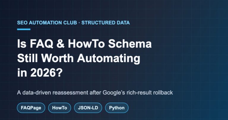 FAQPage, HowTo, JSON-LD and Python badges over a dark technical SEO background