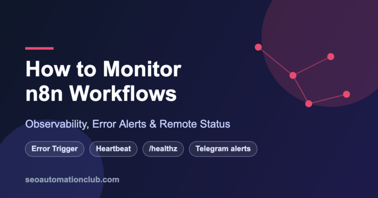 Diagram-style cover: how to monitor n8n workflows with error triggers, heartbeat checks, healthz endpoint and Telegram alerts