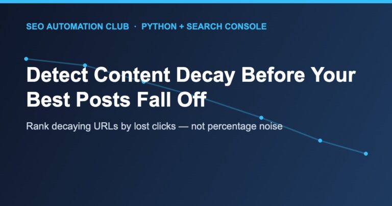 Line chart of a page gradually losing clicks over time, illustrating content decay detection with Python and Search Console