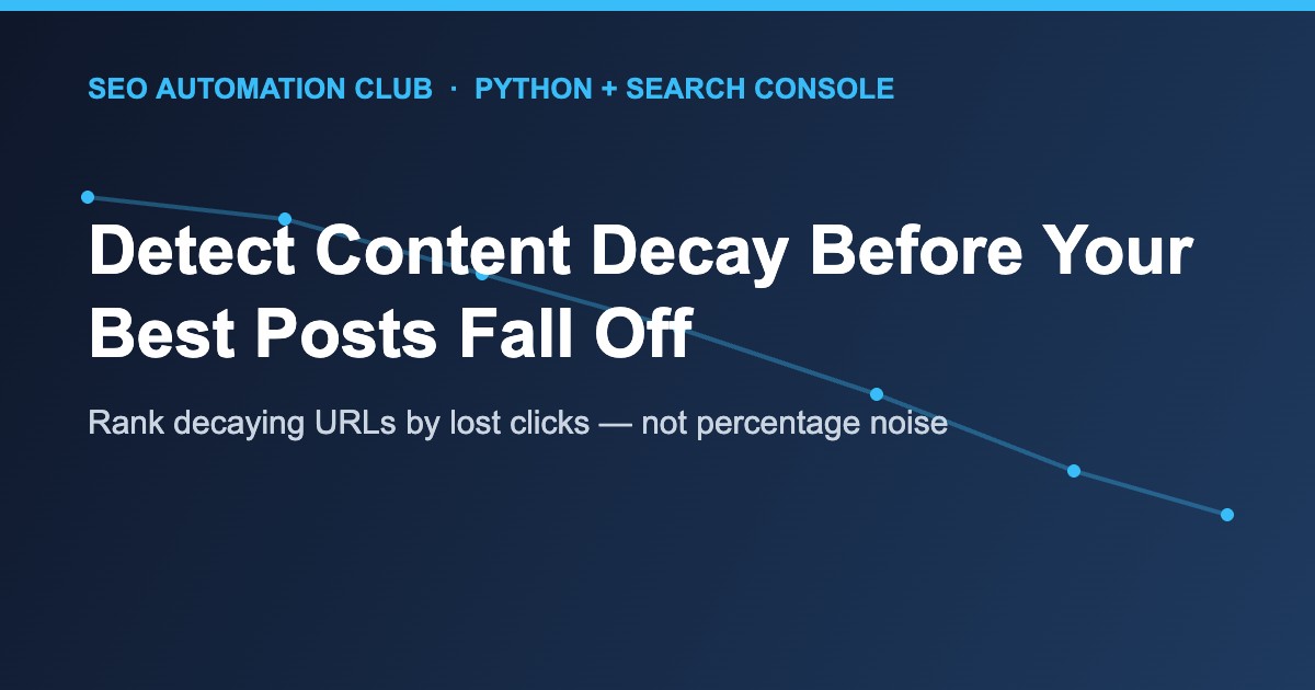 Line chart of a page gradually losing clicks over time, illustrating content decay detection with Python and Search Console